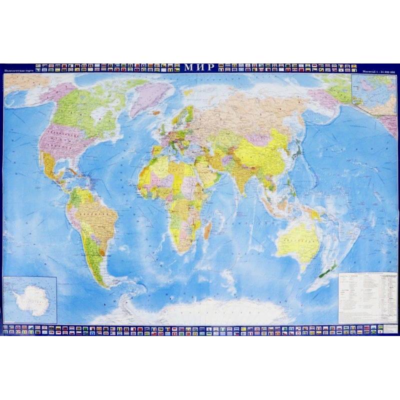 Карта настенная 'Мир' политическая, с флагами государств